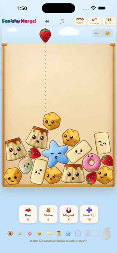 The Squishy Merge board mid-run, squishies stacked up the box